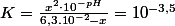 K=\frac{x^{2}\cdot10^{-pH}}{6,3.10^{-2}-x}=10^{-3,5}