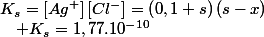 K_{s}=\left[Ag^{+}\right]\left[Cl^{-}\right]=\left(0,1+s\right)\left(s-x\right)\quad;\quad K_{s}=1,77.10^{-10}