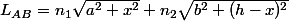 L_{AB}=n_1\sqrt{a^2+x^2}+n_2\sqrt{b^2+(h-x)^2}