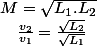 M=\sqrt{L_{1}.L_{2}}\quad;\quad\frac{v_{2}}{v_{1}}=\frac{\sqrt{L_{2}}}{\sqrt{L_{1}}}