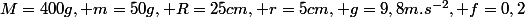 M=400g, m=50g, R=25cm, r=5cm, g=9,8m.s^{-2}, f=0,2