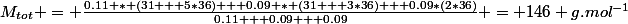 M_{tot} = \frac{0.11 * (31 + 5*36) + 0.09 * (31 + 3*36) + 0.09*(2*36)}{0.11 + 0.09 + 0.09} = 146 g.mol^{-1}