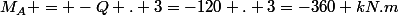 M_A = -Q . 3=-120 . 3=-360 kN.m