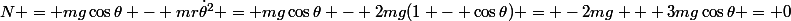 N = mg\cos\theta - mr\dot\theta^2 = mg\cos\theta - 2mg(1 - \cos\theta) = -2mg + 3mg\cos\theta = 0