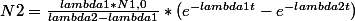 N2=\frac{lambda1*N1,0}{lambda2-lambda1}*(e^{-lambda1t}-e^{-lambda2t})