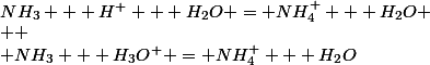NH_3 + H^+ + H_2O = NH_4^+ + H_2O
 \\ 
 \\ NH_3 + H_3O^+ = NH_4^+ + H_2O
