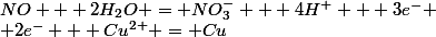 NO + 2H_2O = NO_3^- + 4H^+ + 3e^-
 \\ 2e^- + Cu^{2+} = Cu