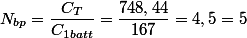 N_{bp}=\dfrac{C_T}{C_{1batt}}=\dfrac{748,44}{167}=4,5=5