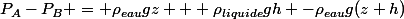 P_A-P_B = \rho_{eau}gz + \rho_{liquide}gh -\rho_{eau}g(z+h)
