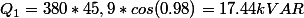 Q_{1}=380*45,9*cos(0.98)=17.44kVAR