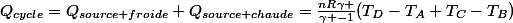 Q_{cycle}=Q_{source froide}+Q_{source chaude}=\frac{nR\gamma }{\gamma -1}(T_{D}-T_{A}+T_{C}-T_{B})