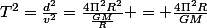 T^2=\frac{d^2}{v^2}=\frac{4\Pi^2R^2}{\frac{GM}{R}} = \frac{4\Pi^2R}{GM}