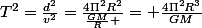 T^2=\frac{d^2}{v^2}=\frac{4\Pi^2R^2}{\frac{GM}{R} }= \frac{4\Pi^2R^3}{GM}