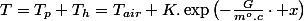 T=T_{p}+T_{h}=T_{air}+K.\exp\left(-\frac{G}{m^{o}.c}\cdot x\right)