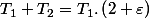 T_{1}+T_{2}=T_{1}.\left(2+\varepsilon\right)\quad;\quad4T_{1}T_{2}=4T_{1}^{2}.\left(1+\varepsilon\right)
 \\ 
 \\ \triangle S=m.c.\ln\left(\frac{\left[T_{1}+T_{2}\right]^{2}}{4T_{1}.T_{2}}\right)=m.c.\ln\left(\frac{\left[2+\varepsilon\right]^{2}}{4\left[1+\varepsilon\right]}\right)