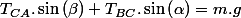 T_{CA}.\sin\left(\beta\right)+T_{BC}.\sin\left(\alpha\right)=m.g