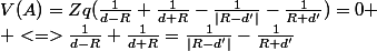 V(A)=Zq(\frac{1}{d-R}+\frac{1}{d+R}-\frac{1}{|R-d'|}-\frac{1}{R+d'})=0
 \\ <=>\frac{1}{d-R}+\frac{1}{d+R}=\frac{1}{|R-d'|}-\frac{1}{R+d'}