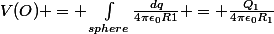 V(O) = \int_{sphere}\frac{dq}{4\pi\epsilon_0R1} = \frac{Q_1}{4\pi\epsilon_0R_1}