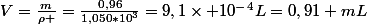 V=\frac{m}{\rho }=\frac{0,96}{1,050*10^3}=9,1\times 10^-^4L=0,91 mL