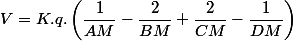 V=K.q.\left(\dfrac{1}{AM}-\dfrac{2}{BM}+\dfrac{2}{CM}-\dfrac{1}{DM}\right)