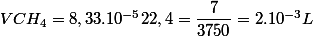 VCH_{4}=8,33.10^{-5}22,4=\dfrac{7}{3750}=2.10^{-3}L
