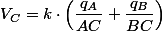 V_{C}=k\cdot\left(\dfrac{q_{A}}{AC}+\dfrac{q_{B}}{BC}\right)