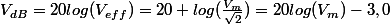 V_{dB}=20log(V_{eff})=20 log(\frac{V_{m}}{\sqrt{2}})=20log(V_{m})-3,0