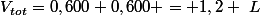 V_{tot}=0,600+0,600 = 1,2 ~L