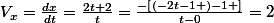 V_{x}=\frac{dx}{dt}=\frac{2t+2}{t}=\frac{-\left[\left(-2t-1 \right)-1 \right]}{t-0}=2