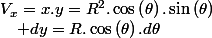 V_{x}=x.y=R^{2}.\cos\left(\theta\right).\sin\left(\theta\right)\quad;\quad dx=-R.\sin\left(\theta\right).d\theta
 \\ 
 \\ V_{y}=\frac{x^{2}}{2}+3x=\frac{R^{2}}{2}\cos^{2}\left(\theta\right)+3R.\cos\left(\theta\right)\quad;\quad dy=R.\cos\left(\theta\right).d\theta