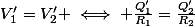 V_1'=V_2' \iff \frac{Q_1'}{R_1}=\frac{Q_2'}{R_2}