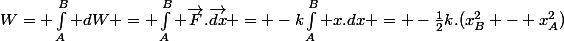 W= \int_A^B dW = \int_A^B \vec{F}.\vec{dx} = -k\int_A^B x.dx = -\frac{1}{2}k.(x_B^2 - x_A^2)