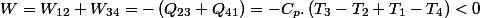 W=W_{12}+W_{34}=-\left(Q_{23}+Q_{41}\right)=-C_{p}.\left(T_{3}-T_{2}+T_{1}-T_{4}\right)<0