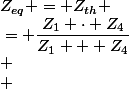  \\ \begin{array}{r@{}l} \\ &nbsp;&nbsp;&nbsp;&nbsp;&nbsp;&nbsp;&nbsp;&nbsp;Z_{eq} = Z_{th} &{}=&nbsp;&nbsp;(Z_1 \parallel Z_4) + (Z_2 \parallel Z_3)\\ \\ &nbsp;&nbsp;&nbsp;&nbsp;&nbsp;&nbsp;&nbsp;&nbsp;\\ \\ &nbsp;&nbsp;&nbsp;&nbsp;&nbsp;&nbsp;&nbsp;&nbsp;\\ \\ &nbsp;&nbsp;&nbsp;&nbsp;&nbsp;&nbsp;&nbsp;&nbsp;(Z_1 \parallel Z_4) &{}= \dfrac{Z_1 \cdot Z_4}{Z_1 + Z_4}\\ \\ &nbsp;&nbsp;&nbsp;&nbsp;&nbsp;&nbsp;&nbsp;&nbsp;&nbsp;&nbsp;&nbsp;&nbsp;&nbsp;&nbsp;&nbsp;&nbsp;&nbsp;&nbsp;&nbsp;&nbsp;&nbsp;&nbsp;&nbsp;&nbsp;&nbsp;&nbsp;&nbsp;&nbsp;&{}= \dfrac{21 \cdot (12 + j24)}{21 + (12 + j24)}\\ \\ &nbsp;&nbsp;&nbsp;&nbsp;&nbsp;&nbsp;&nbsp;&nbsp;&nbsp;&nbsp;&nbsp;&nbsp;&nbsp;&nbsp;&nbsp;&nbsp;&nbsp;&nbsp;&nbsp;&nbsp;&nbsp;&nbsp;&nbsp;&nbsp;&nbsp;&nbsp;&nbsp;&nbsp;&{}= (12,26 + j6,36)\qquad (\Omega) \\ \\ &nbsp;&nbsp;&nbsp;&nbsp;&nbsp;&nbsp;&nbsp;&nbsp;\\ \\ &nbsp;&nbsp;&nbsp;&nbsp;&nbsp;&nbsp;&nbsp;&nbsp;(Z_2 \parallel Z_3) &{}= \dfrac{Z_2 \cdot Z_3}{Z_2 + Z_3}\\ \\ &nbsp;&nbsp;&nbsp;&nbsp;&nbsp;&nbsp;&nbsp;&nbsp;&nbsp;&nbsp;&nbsp;&nbsp;&nbsp;&nbsp;&nbsp;&nbsp;&nbsp;&nbsp;&nbsp;&nbsp;&nbsp;&nbsp;&nbsp;&nbsp;&nbsp;&nbsp;&nbsp;&nbsp;&{}= \dfrac{50 \cdot (30 + j60)}{50 + (30 + j60)}\\ \\ &nbsp;&nbsp;&nbsp;&nbsp;&nbsp;&nbsp;&nbsp;&nbsp;&nbsp;&nbsp;&nbsp;&nbsp;&nbsp;&nbsp;&nbsp;&nbsp;&nbsp;&nbsp;&nbsp;&nbsp;&nbsp;&nbsp;&nbsp;&nbsp;&nbsp;&nbsp;&nbsp;&nbsp;&{}= (30 + j15)\qquad (\Omega) \\ \\ &nbsp;&nbsp;&nbsp;&nbsp;&nbsp;&nbsp;&nbsp;&nbsp;\\ \\ &nbsp;&nbsp;&nbsp;&nbsp;&nbsp;&nbsp;&nbsp;&nbsp;\\ \\ &nbsp;&nbsp;&nbsp;&nbsp;&nbsp;&nbsp;&nbsp;&nbsp;Z_{th} &{}= (12,26 + j6,36) + (30 + j15)\\ \\ &nbsp;&nbsp;&nbsp;&nbsp;&nbsp;&nbsp;&nbsp;&nbsp;&nbsp;&nbsp;&nbsp;&nbsp;&nbsp;&nbsp; &{}= (42,26 + j21,36) \qquad (\Omega)\\ \\ &nbsp;&nbsp;&nbsp;&nbsp;&nbsp;&nbsp;&nbsp;&nbsp;&nbsp;&nbsp;&nbsp;&nbsp;&nbsp;&nbsp; &{}= (47,35 \:\angle\,26,81\,\deg) \qquad (\Omega) \\ &nbsp;&nbsp;&nbsp;&nbsp;\end{array} \\ 