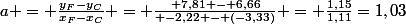 a = \frac{y_{F}-y_{C}}{x_{F}-x_{C}} = \frac{ 7,81 - 6,66}{ -2,22 - (-3,33)} = \frac{1,15}{1,11}=1,03