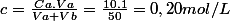 c=\frac{Ca.Va}{Va+Vb}=\frac{10.1}{50}=0,20mol/L