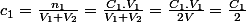 c_{1}=\frac{n_{1}}{V_{1}+V_{2}}=\frac{C_{1}.V_{1}}{V_{1}+V_{2}}=\frac{C_{1}.V_{1}}{2V}=\frac{C_{1}}{2}