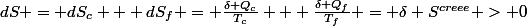 dS = dS_c + dS_f = \frac{\delta Q_c}{T_c} + \frac{\delta Q_f}{T_f} = \delta S^{creee} > 0