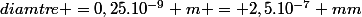 diamtre =0,25.10^{-9} m = 2,5.10^{-7} mm