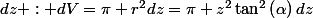 dz : dV=\pi r^{2}dz=\pi z^{2}\tan^{2}\left(\alpha\right)dz