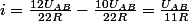 i=\frac{12U_{AB}}{22R}-\frac{10U_{AB}}{22R}=\frac{U_{AB}}{11R}
