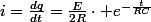 i=\frac{dq}{dt}=\frac{E}{2R}\cdot e^{-\frac{t}{RC}}