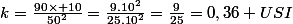 k=\frac{90\times 10}{50^2}=\frac{9.10^2}{25.10^2}=\frac{9}{25}=0,36 USI