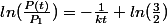 ln(\frac{P(t)}{P_1})=-\frac{1}{kt}+ln(\frac{3}{2})