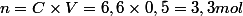n=C\times{V}=6,6\times0,5=3,3mol