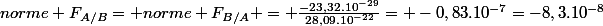 norme F_{A/B}= norme F_{B/A} = \frac{-23,32.10^{-29}}{28,09.10^{-22}}= -0,83.10^{-7}=-8,3.10^{-8}