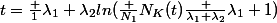 t=\frac {1}{\lambda_1+\lambda_2}ln(\frac {N_1}{N_K(t)}\frac {\lambda_1+\lambda_2}{\lambda_1}+1)