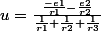 u=\frac{\frac{-e1}{r1}-\frac{e2}{r2}}{\frac{1}{r1}+\frac{1}{r2}+\frac{1}{r3}}