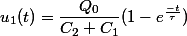 u_1(t)=\dfrac{Q_0}{C_2+C_1}(1-e^{\frac{-t}{\tau}})