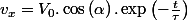 v_{x}=V_{0}.\cos\left(\alpha\right).\exp\left(-\frac{t}{\tau}\right)